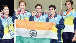 (From left) India’s Commonwealth Games 2014 badminton medallists Ashwini Ponnappa & Jwala Gutta (silver), Parupalli Kashyap (gold), RMV Gurusaidutt (bronze) and PV Sindhu (bronze) in Glasgow on Sunday | pti