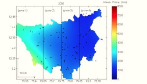 Geographical location of coffee farms where rainfall data has been collected for 70 years and a map of rainfall distribution generated with these data points as an exmple for the year 2002. ( Image by College of Forestry, Ponnampet)